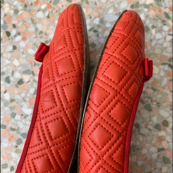 Tory Burch Marion red-orange quilted ballet flats with red bow - Picture 7 of 13